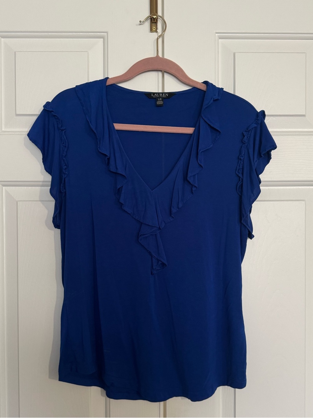 Ralph Lauren Royal Blue Ruffle V-Neck T-Shirt Blouse